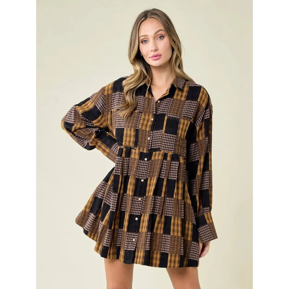 NWT Saints & Hearts Plaid Babydoll Mini Dress Black Yellow Women‎ L*